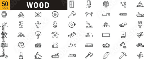Wood editable outline icon set. Carpentry, timber, tools, furniture, lumber, firewood and more.
