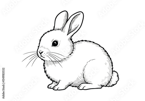 Fluffy bunny drawing. It is a black and white outline image of a fluffy bunny, a cute and soft rabbit with detailed fur texture, sitting. Vector sketch line art draw.