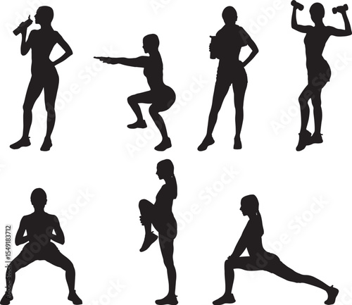 Fitness Woman Silhouette Set, Isolated Vector Illustration.