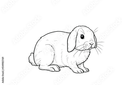 Holland lop drawing. It is a black and white outline image of a Holland Lop bunny, a small rabbit breed known for its distinctive floppy ears. Vector sketch line art draw.