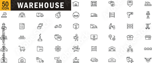 Warehouse editable outline icon set. Storage, shipping, logistics, inventory, packaging, delivery and more.
