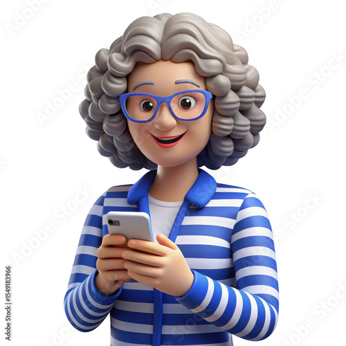 Cartoon woman using smartphone isolated on transparent background