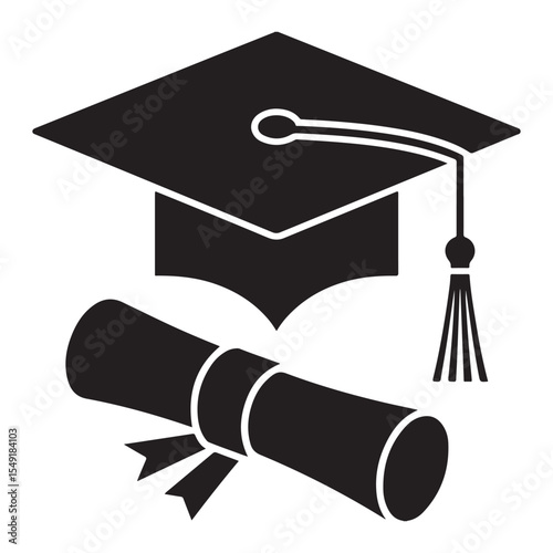 Graduation Hat with Diploma Ribbon Silhouette Vector