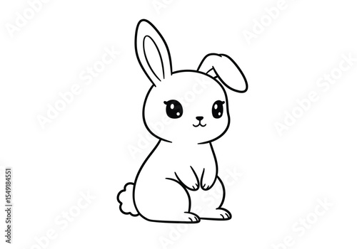 Kawaii rabbit drawing. It is a black and white outline image of a kawaii rabbit, an adorable and charming bunny with large expressive eyes, sitting. Vector sketch line art draw.
