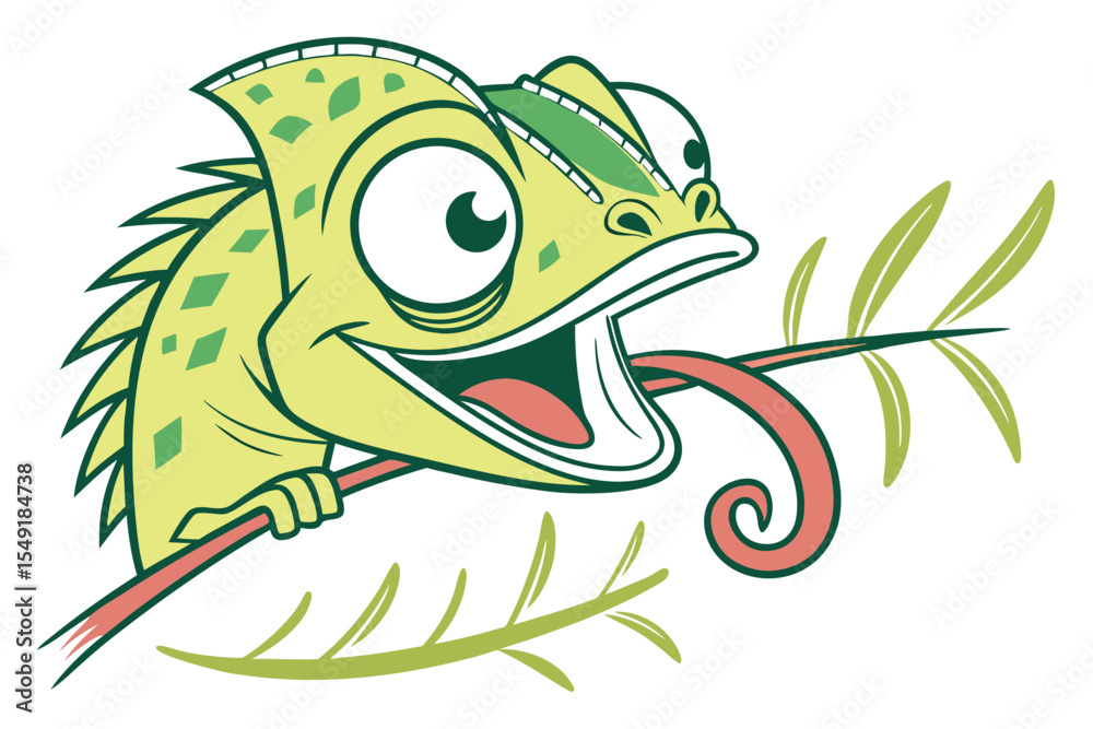 Obraz premium Cartoon chameleon extends tongue on a leafy branch in fun drawing