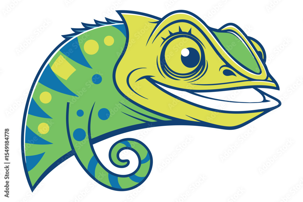 Fototapeta premium Cartoonish lizard smiles, its head showcases green, yellow, and blue colors on a white backdrop