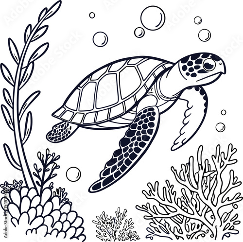 Underwater marine life illustration featuring a seamless pattern of tropical green sea turtles, fish, and coral reef designs