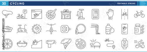 A set of line icons related to Cycling. Cycle, bicycle, fitness, various parts, adventure, and so on. Vector editable stroke.