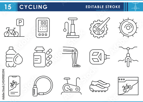 A set of line icons related to Cycling. Cycle, park, online booking, medicines, injury, and so on. Vector editable stroke.