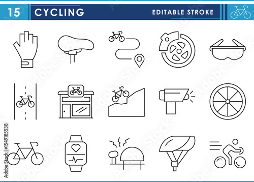 A set of line icons related to Cycling. Cycle, travel, gloves, store, road, adventure, and so on. Vector editable stroke.