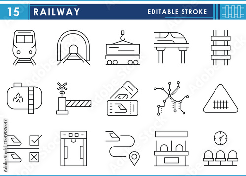 A set of line icons related to Railway. Rail, network, warning, wait, tunnel, and so on. Vector editable stroke.