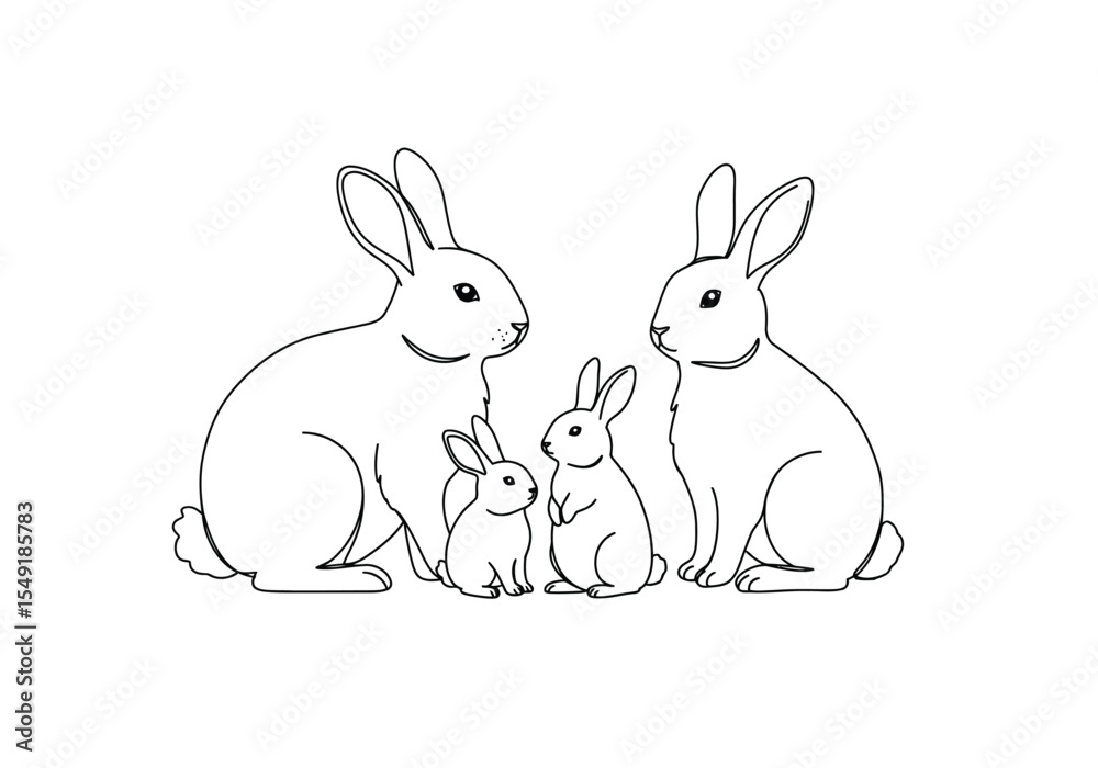 Obraz premium Rabbit family drawing. It is a black and white outline image of a rabbit family, featuring two adult rabbits and two baby bunnies, portraying a loving group. Vector sketch line art draw.