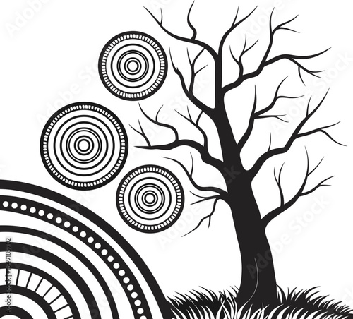 Seamless vector art featuring an abstract black tree silhouette with swirling floral patterns and delicate butterflies, ideal for vintage nature-inspired wallpaper design or fabric illustration