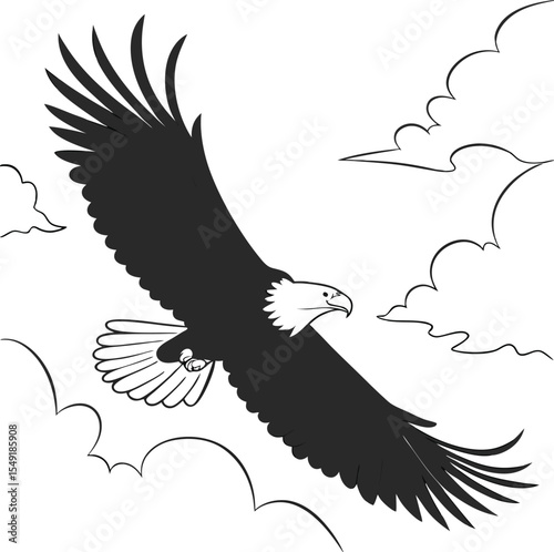 Eagle flying silhouette illustration with outstretched wings in the sky