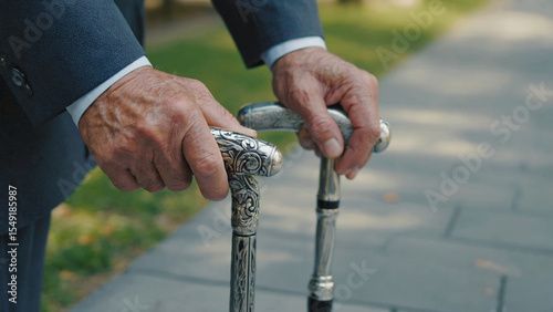 A person grasping a cane, focus on the hand and cane