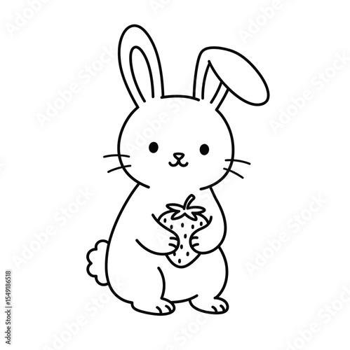 Strawberry bunny drawing. It is a black and white outline image of a strawberry bunny, a cute rabbit holding and seemingly enjoying a strawberry. Vector sketch line art draw.