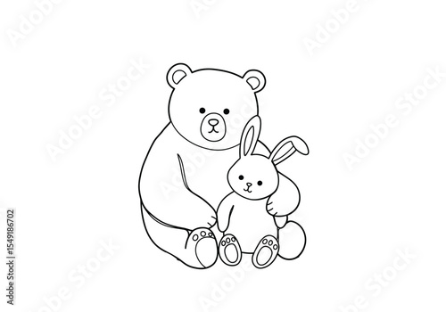 Bear and bunny drawing. It is a black and white outline image of a bear and a bunny, a charming animal duo depicted in a sweet and innocent style. Vector sketch line art draw.