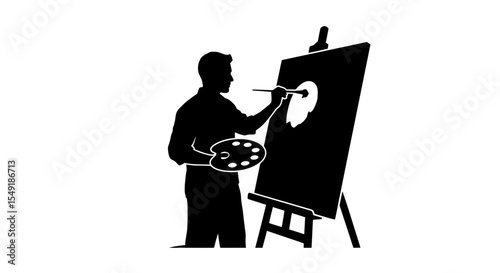 Focused Painter Holding Palette Painting Giant Canvas Art Studio