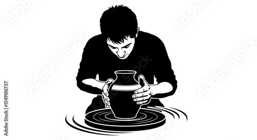 Skilled Pottery Artist Shaping Spinning Clay Pot Wheel Craft
