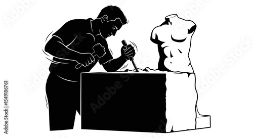 Dedicated Sculptor Chiseling Statue From Marble Block Art Creation