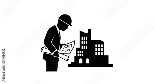 Visionary Architect Holding Blueprints Beside Model Structure Design