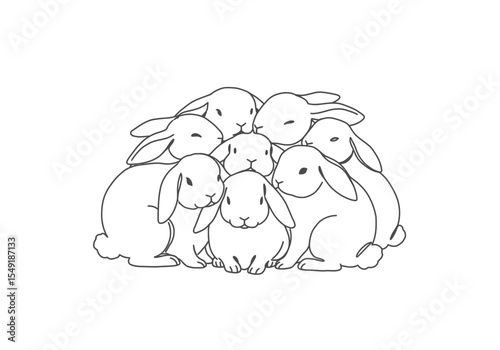 Bunny bundle drawing. It is a black and white outline image of a group of bunnies bundled together, depicting an adorable and cozy pile of rabbits. Vector sketch line art draw.