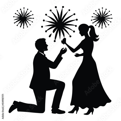 Romantic scene of a man proposing to a woman under fireworks silhouette vector illustrations on white background