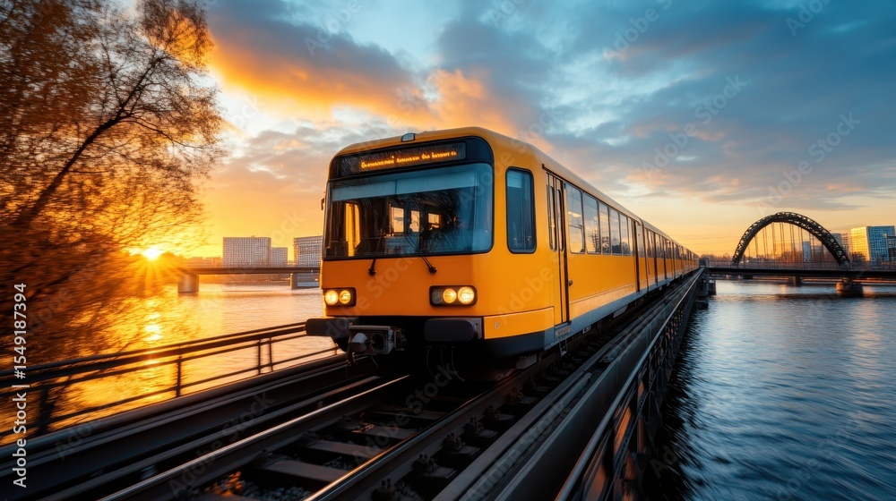 Fototapeta premium A striking image of a vibrant yellow train traveling along elevated rails against a picturesque sunset, surrounded by tranquility and natural beauty.