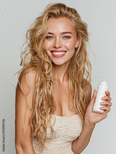 Beautiful model holding blank shampoo products showcasing healthy long hair