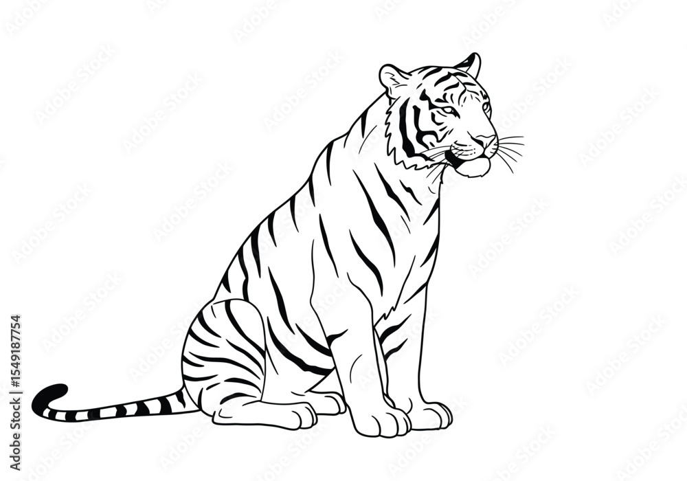 Obraz premium Sitting tiger drawing. It is a black and white outline image of a tiger in a sitting pose, showcasing its powerful and majestic presence. Vector sketch line art draw.