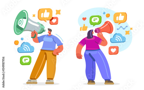 Blogger with loudspeaker, megaphone and social networks. Influence on the Internet. Digital marketing, advertising