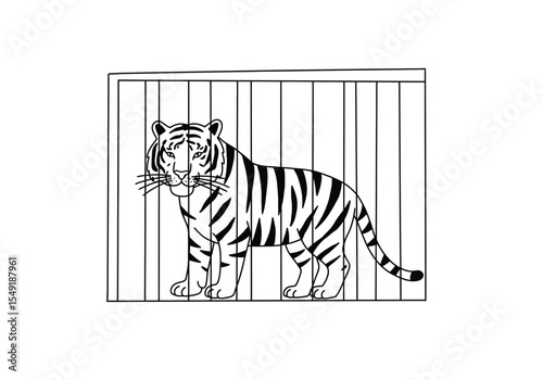 Tiger in cage drawing. It is a black and white outline image of a tiger standing inside a cage, depicting the animal's confinement. Vector sketch line art draw.