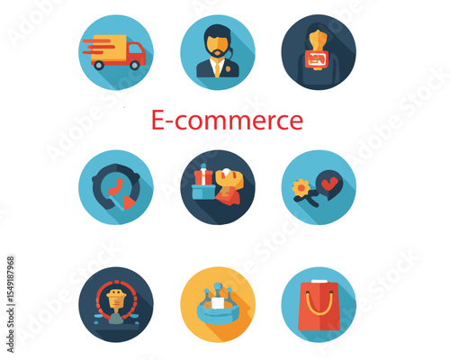 Flat E-commerce Icon Set – Online Shopping, Payment, Delivery & Support Icons