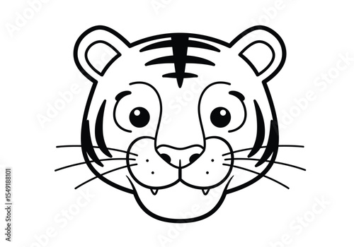 Cartoon tiger face drawing. It is a black and white outline image of a cartoon tiger's face, featuring a friendly and approachable expression with prominent stripes. Vector sketch line art draw.
