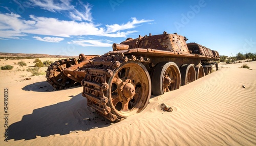 Rusted old tank is sitting in the desert. The tank is surrounded by sand and he is abandoned