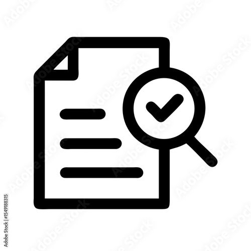 Black and white icon of a document with a magnifying glass and checkmark, symbolizing audit logs, verified records, and data inspection.

