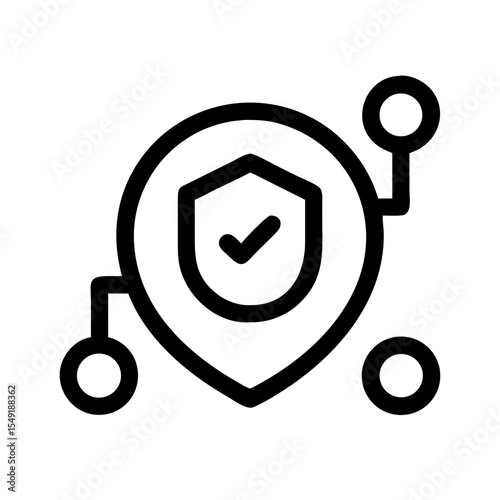 Black and white icon of a location pin with a shield and connected nodes, symbolizing a security token, network authentication, and verified digital access.
