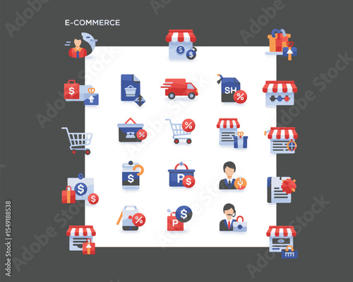 Flat E-commerce Icon Set – Online Shopping, Payment, Delivery & Support Icons