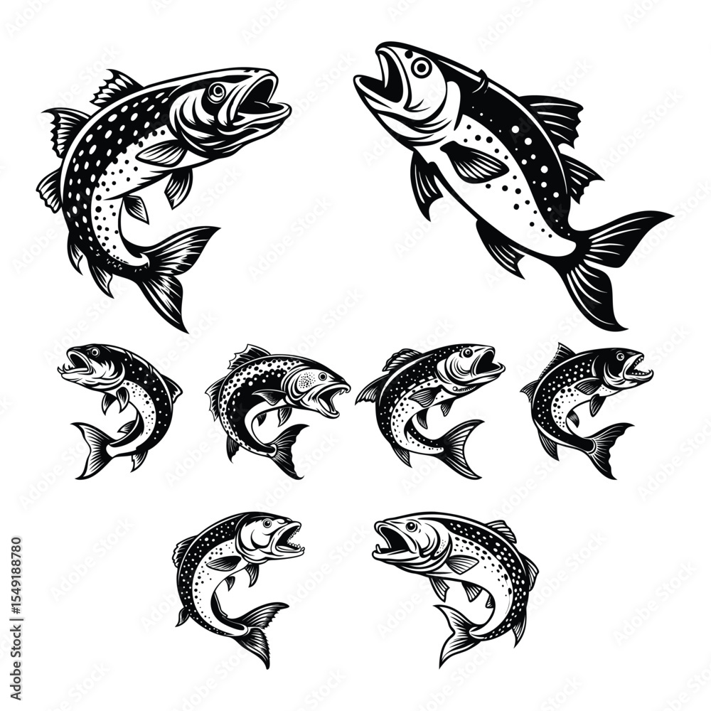 Stylized Black and White Salmon or Trout Fish Set