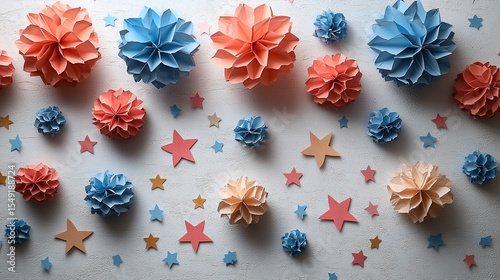 Top view of red white blue garlands with stars and stripes theme on white backdrop, ideal for USA patriotic celebrations, Fourth of July events, and American Independence Day decorations
