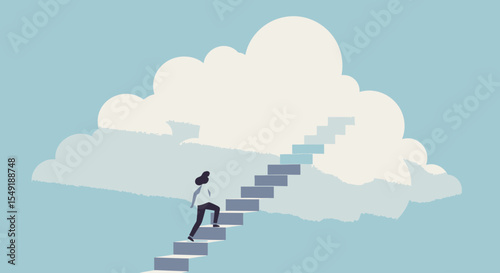 Flat illustration of a person climbing a staircase that leads into clouds, symbolizing chasing unrealistic dreams.
