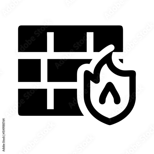 Black and white icon of a wall grid with a flame shield, symbolizing firewall technology, cybersecurity defense, and network traffic control.
