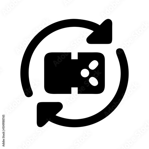 Black and white icon of a chip with circular arrows, symbolizing software patching, system updates, and security maintenance processes.
