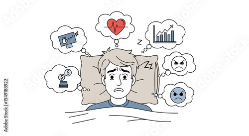 Flat outline vector of a person in bed wide awake surrounded by thought bubbles, representing insomnia