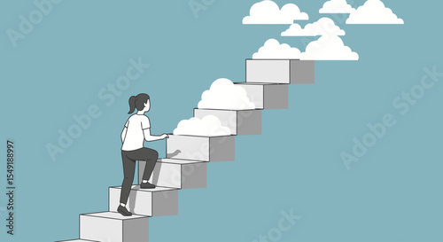 Flat illustration of a person climbing a staircase that leads into clouds, symbolizing chasing unrealistic dreams.