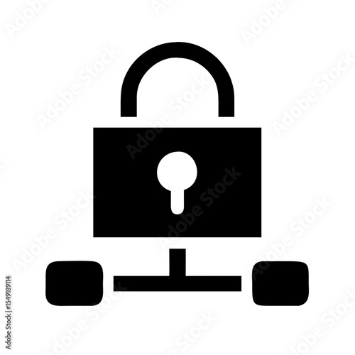 Black and white icon of a padlock integrated with a network diagram, symbolizing secured networks, cybersecurity, and protected data flow.
