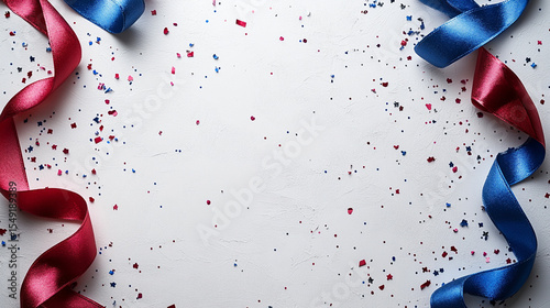 Flat Lay of Red Blue White Ribbons and Confetti on White Surface for Independence Day or Festive Background for Party or National Celebration Theme
