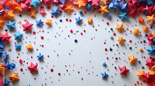 Red White Blue Streamers and Paper Stars Arranged on White Tabletop in Flat Lay Composition for Independence Day or National Holiday Party Theme