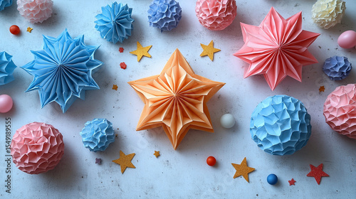 Top View of Paper Stars and Streamers in Red White and Blue Colors on White Surface for Patriotic Party or American Celebration Background Design