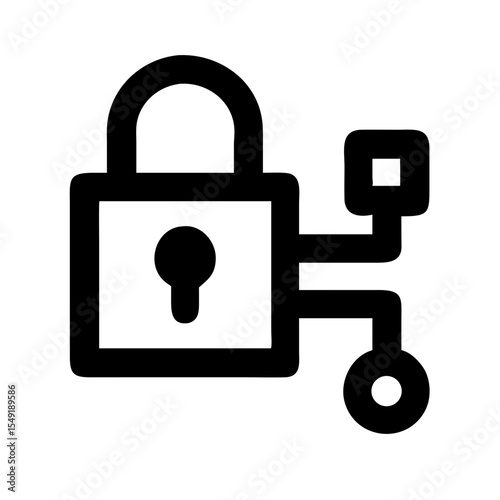 Black and white icon of a padlock connected to circuit-like lines, symbolizing data protection, cybersecurity, and secure digital access.
